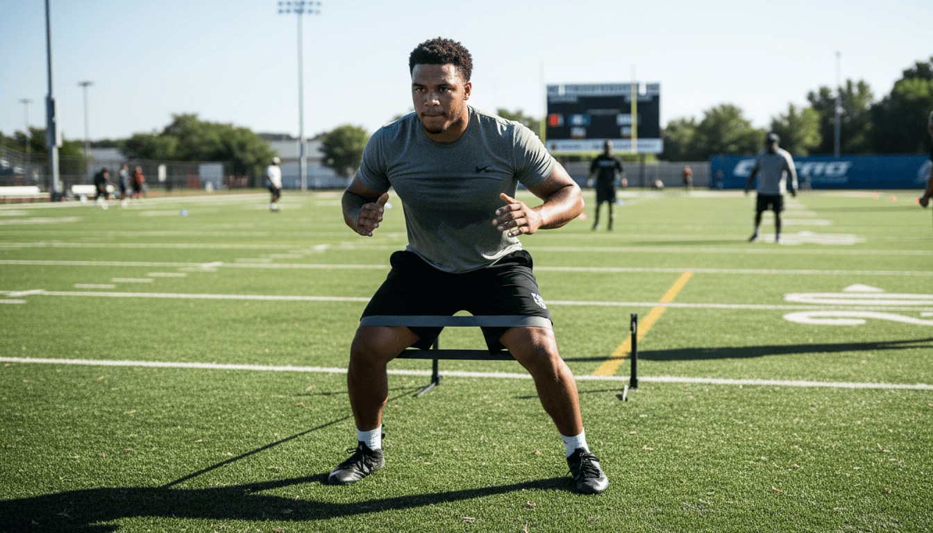 Football player doing strength training with resistance bands on a grass field