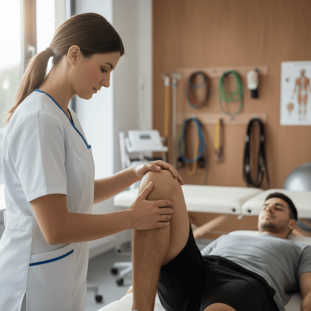 Close-up of physiotherapist hands assessing athlete knee mobility and joint function