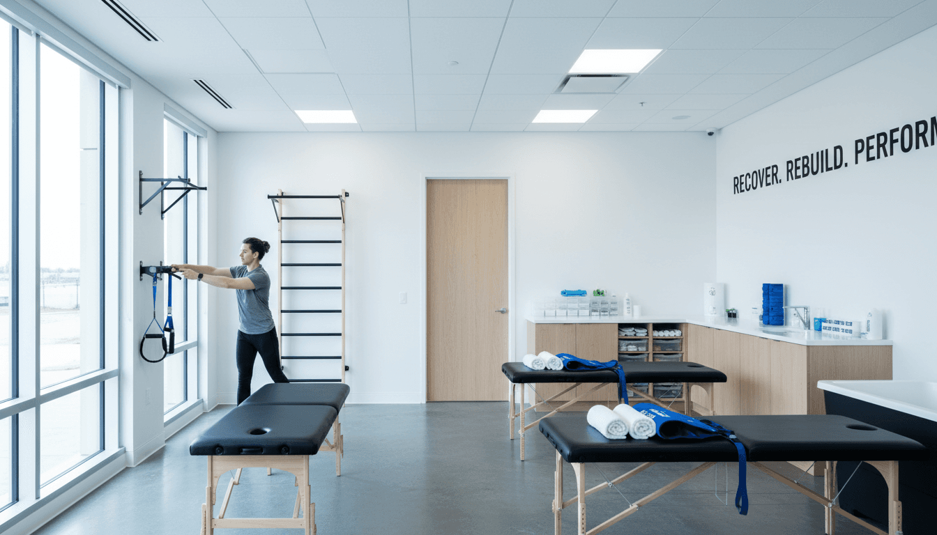 Professional soccer player lying on a treatment table during a recovery session, physiotherapist working on his leg with foam roller and resistance bands in a modern sports clinic, natural window light, focused athletic mood
